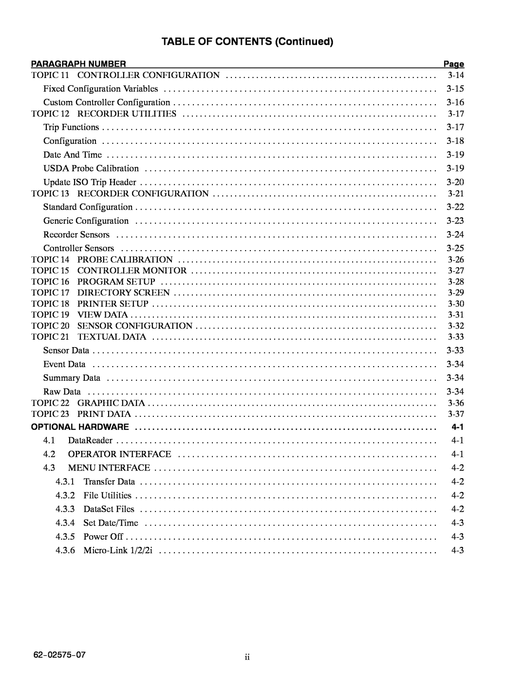 Carrier Container Refrigeration Unit manual TABLE OF CONTENTS Continued, Operator Interface 
