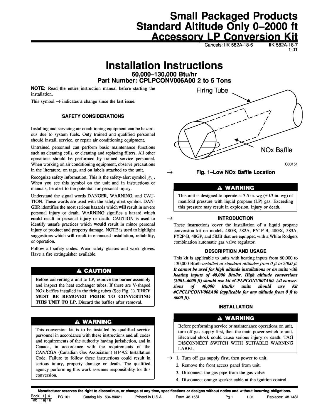 Carrier CPLPCONV006A00 installation instructions LowNOx Baffle Location, Installation Instructions, Firing Tube 