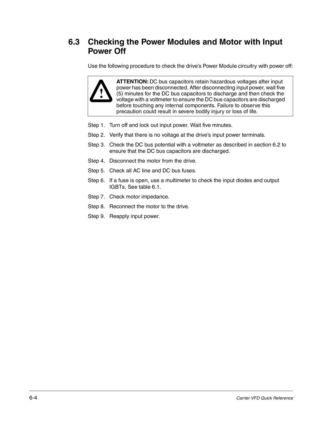 Carrier D2-3466-2 instruction manual Checking the Power Modules and Motor with Input Power Off 