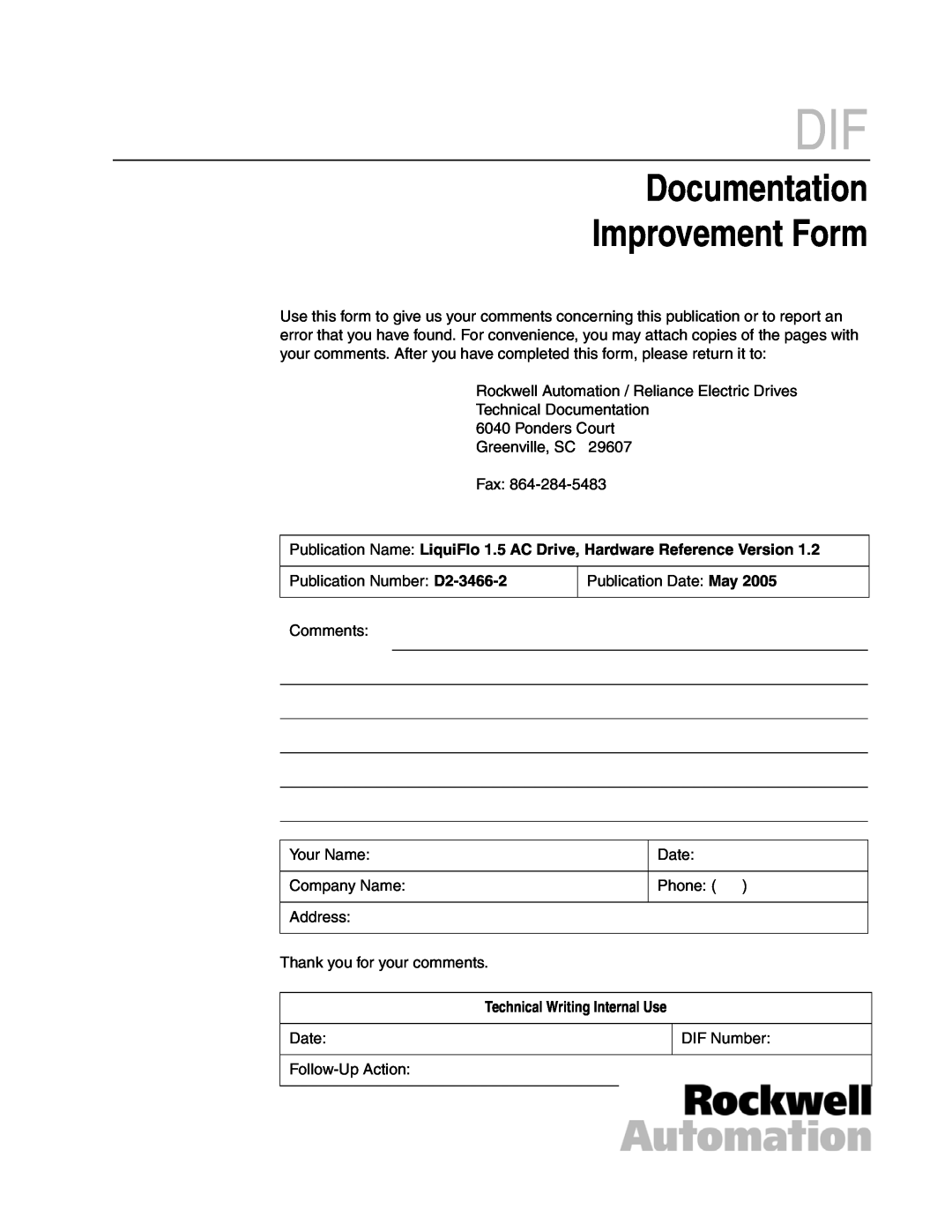 Carrier D2-3466-2 Documentation Improvement Form, Publication Name LiquiFlo 1.5 AC Drive, Hardware Reference Version 