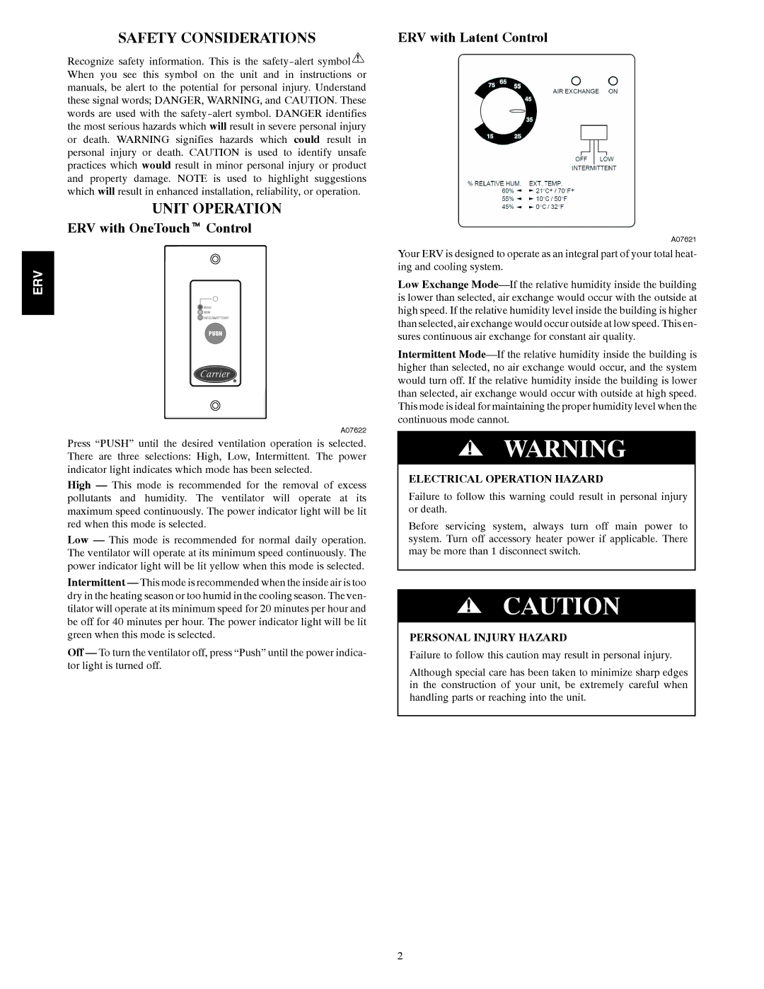 Carrier ERVCCSVB, ERVCCLHA, ERVCCSHB owner manual Safety Considerations, Unit Operation 