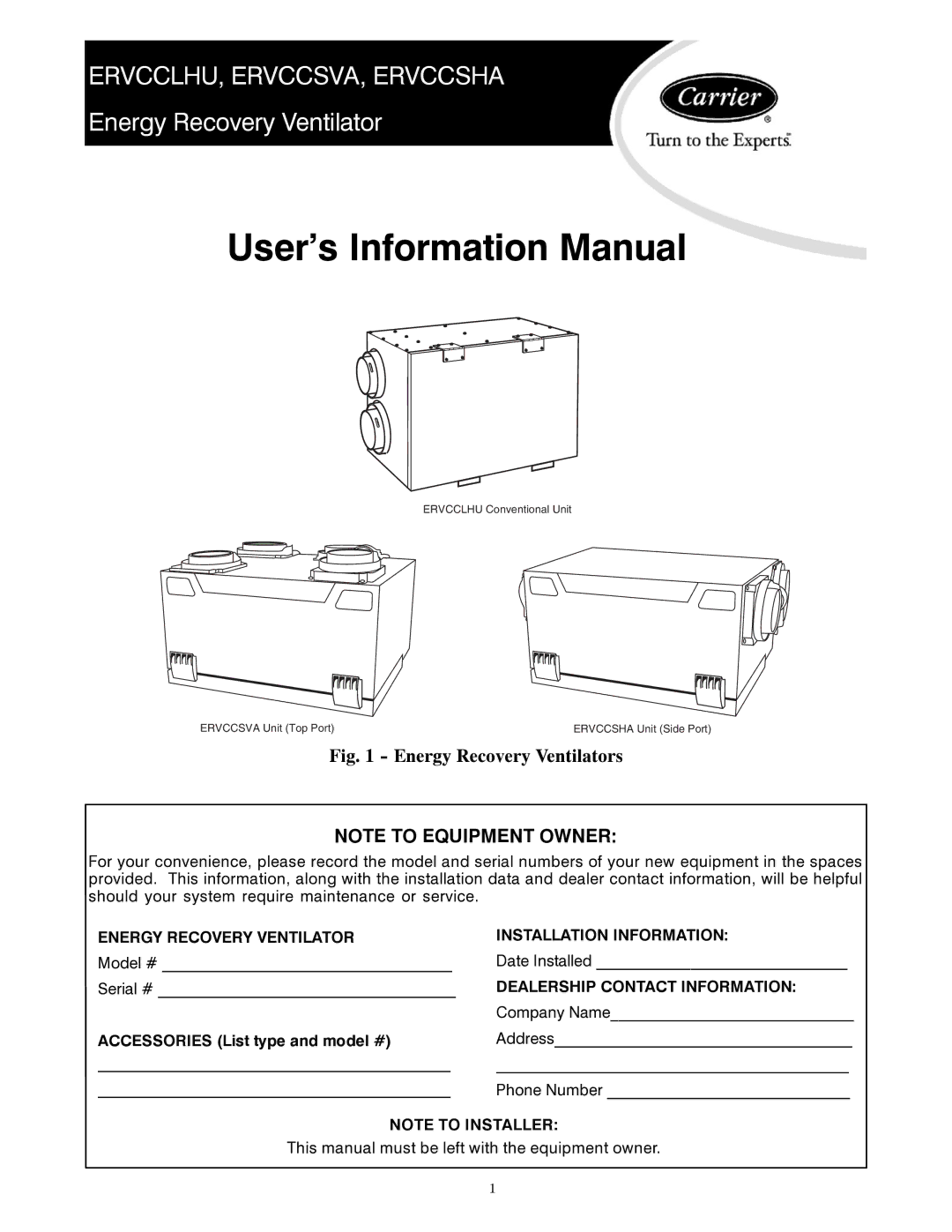 Carrier ERVCCLHU, ERVCCSVA, ERVCCSHA manual User’s Information Manual 