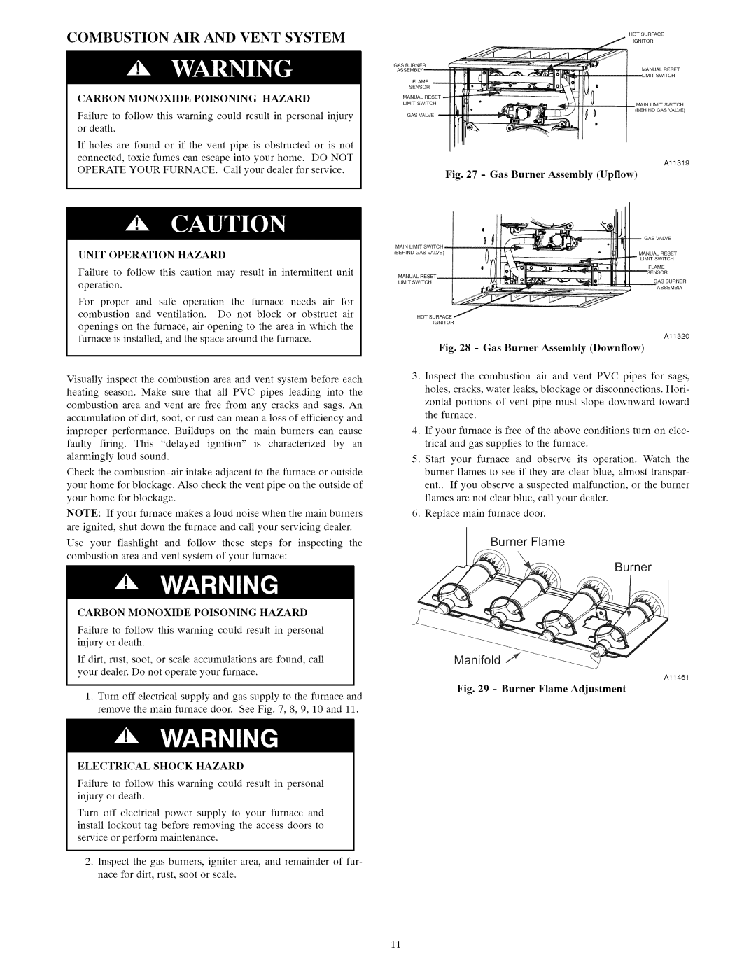 Carrier Furnace owner manual Combustion AIR and Vent System, Carbon Monoxide Poisoning Hazard 