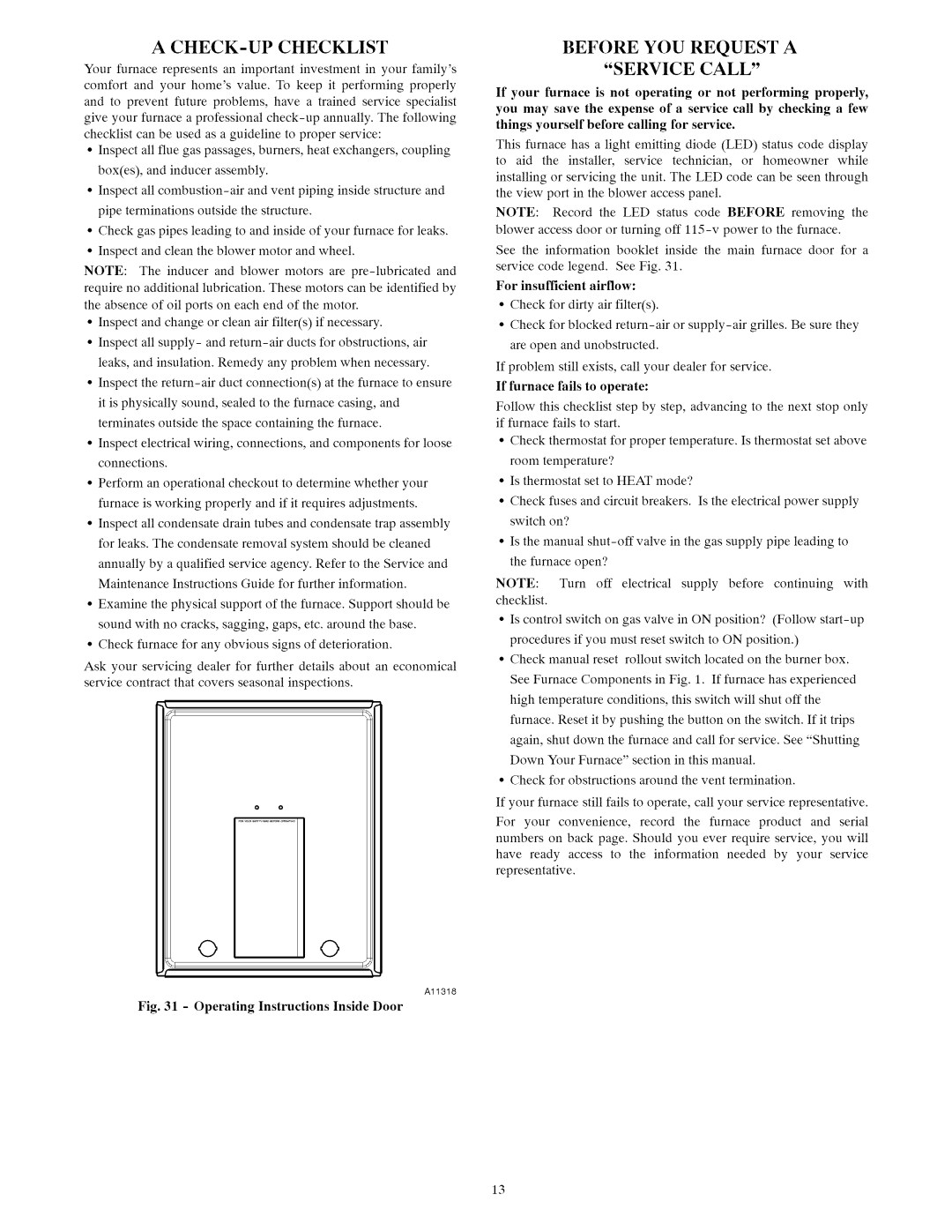 Carrier Furnace owner manual CHECK-UP Checklist, Before YOU Request a Service Call 