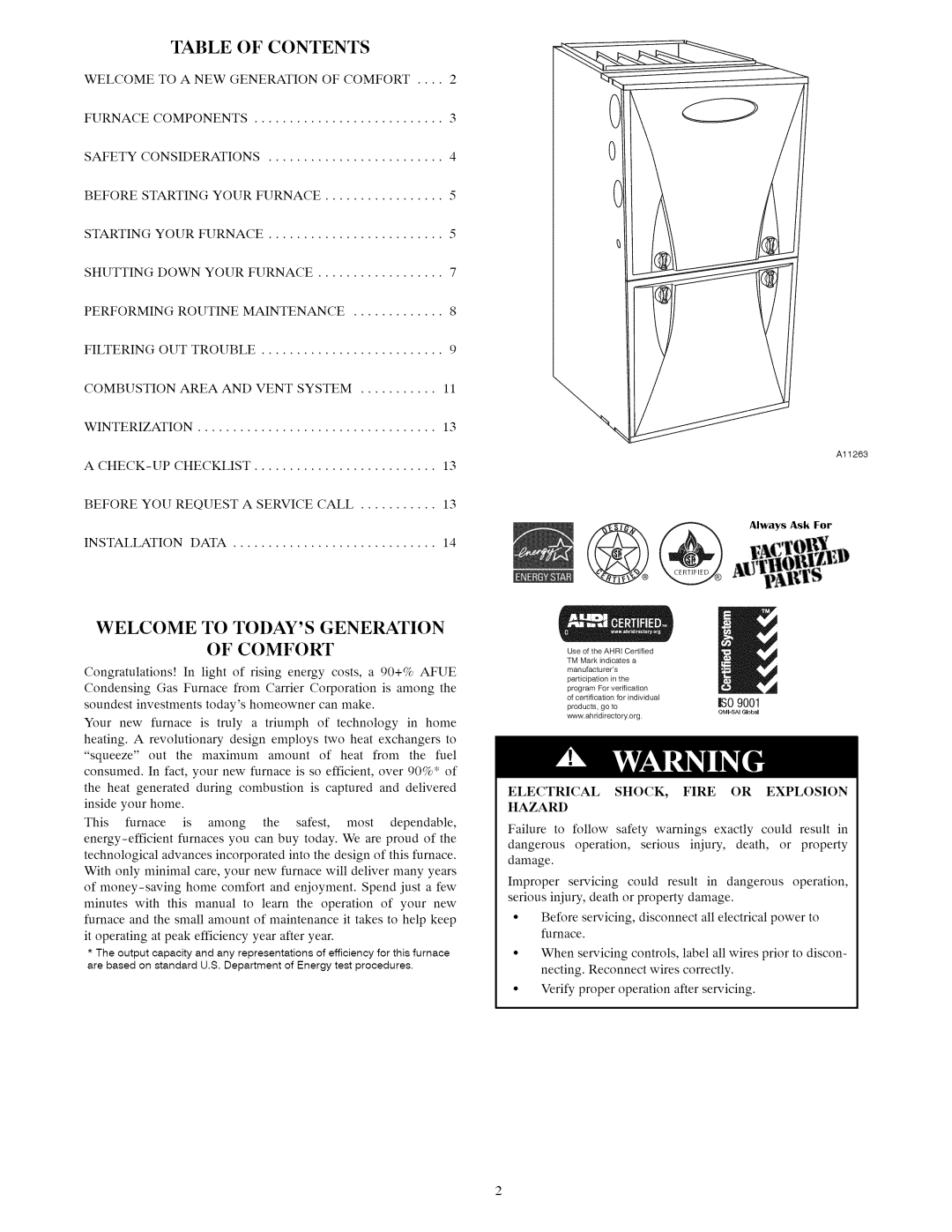 Carrier Furnace owner manual Welcome to Todays Generation 