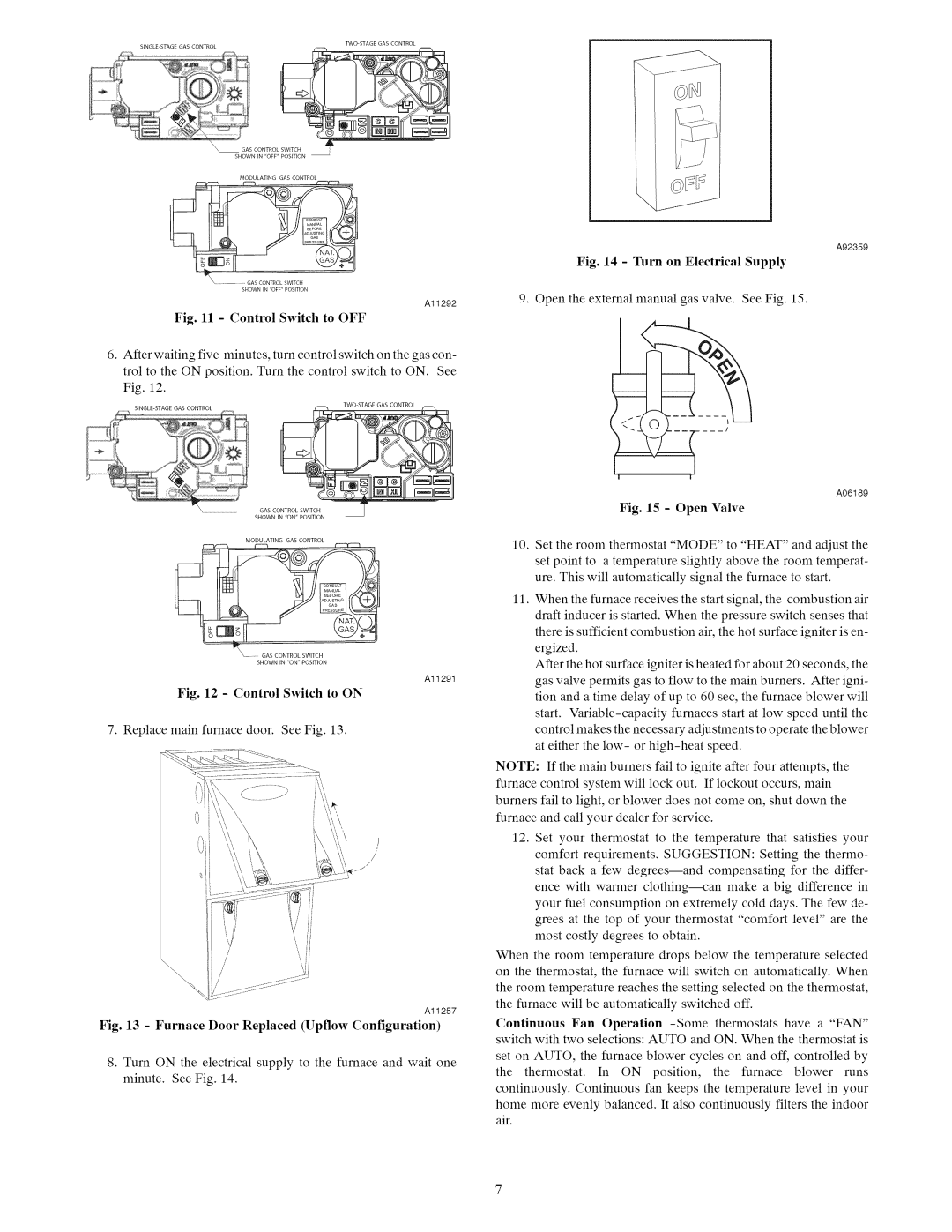 Carrier Furnace owner manual Control Switch to on Replace main furnace door. See Fig 