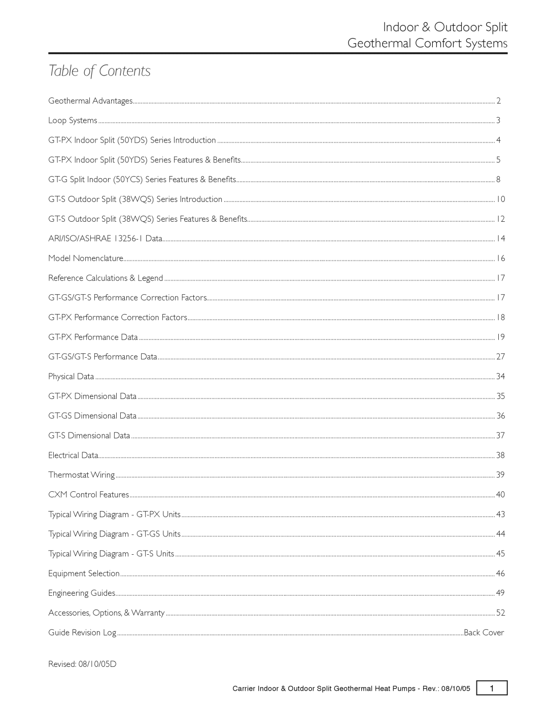 Carrier GT-S, GT-PX, GT-G specifications Table of Contents 