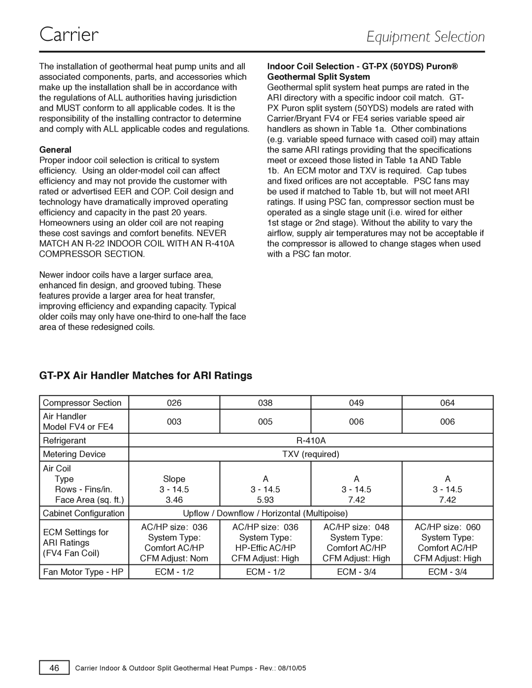 Carrier GT-S, GT-PX, GT-G specifications Equipment Selection, General 