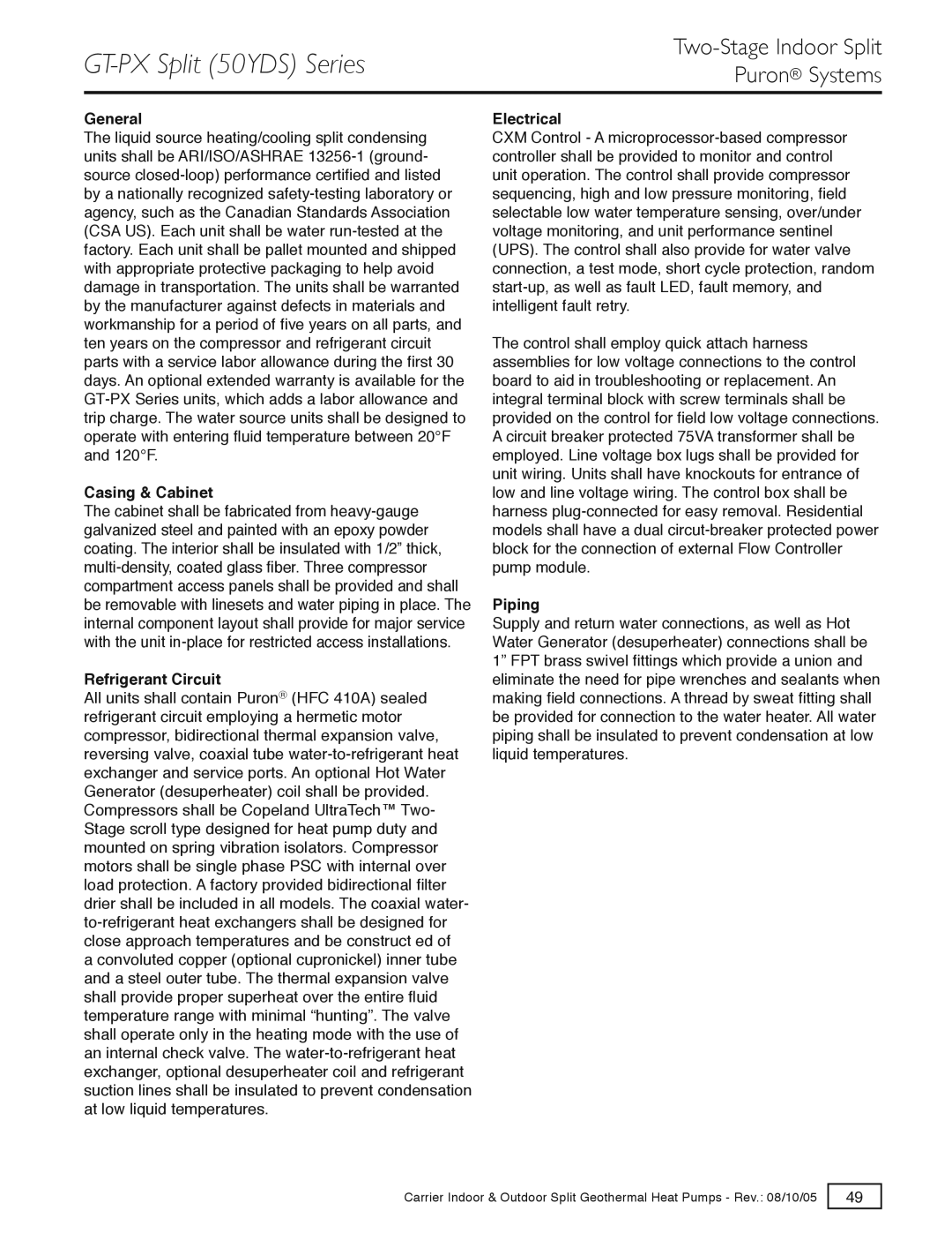 Carrier GT-S, GT-G specifications GT-PX Split 50YDS Series, Casing & Cabinet, Refrigerant Circuit, Electrical, Piping 