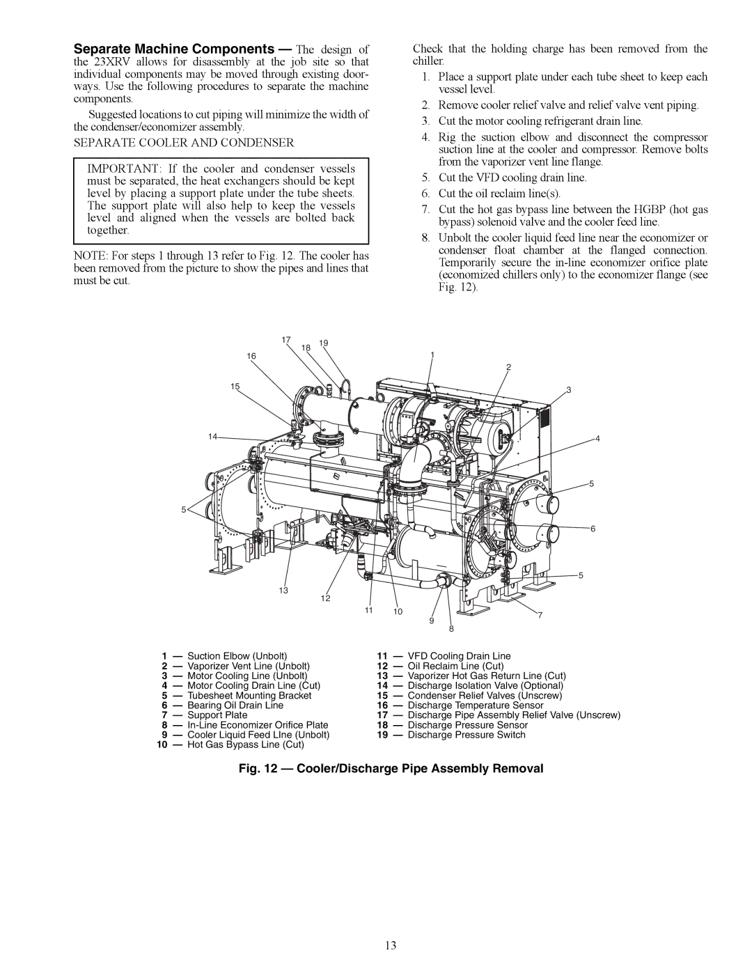 Carrier HFC-134A installation instructions Cooler/Discharge Pipe Assembly Removal 