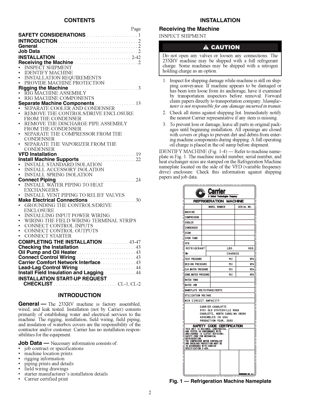 Carrier HFC-134A installation instructions Contents 