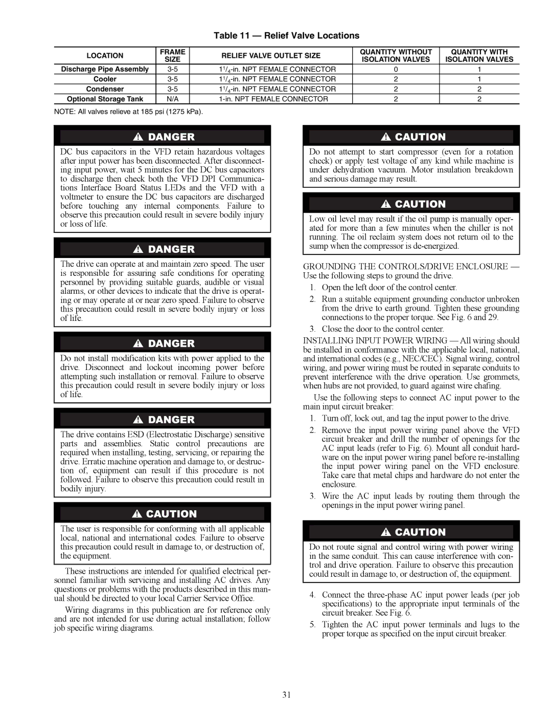 Carrier HFC-134A installation instructions Relief Valve Locations, Close the door to the control center 