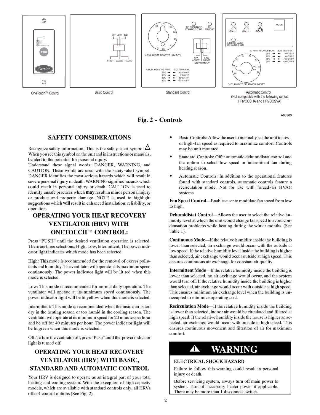 Carrier HRVCCSVU, HRVCCLVU, HRVCCSHA, HRVCCLHA Safety Considerations, Operating Your Heat Recovery, Electrical Shock Hazard 