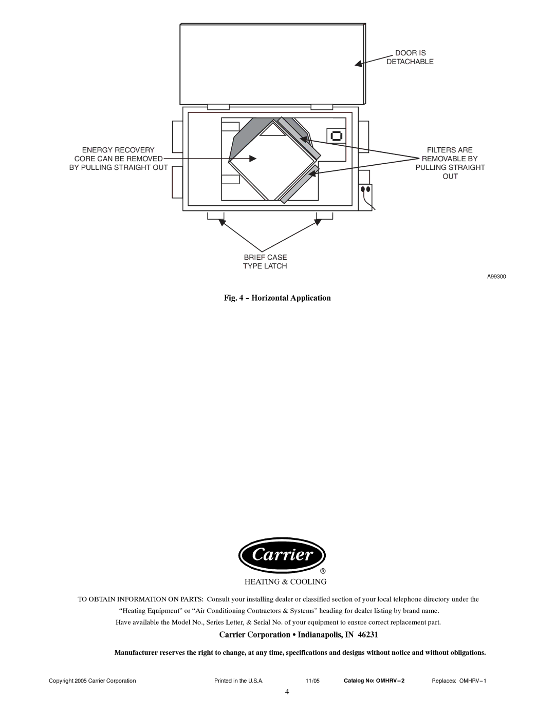 Carrier HRVCCSVA, HRVCCLVU, HRVCCSHA, HRVCCSVU, HRVCCLHA manual Horizontal Application, Carrier Corporation S Indianapolis 