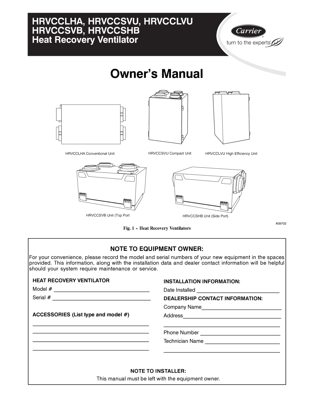 Carrier HRVCCSHB owner manual HRVCCLHA, HRVCCSVU, Hrvcclvu HRVCCSVB, Hrvccshb 