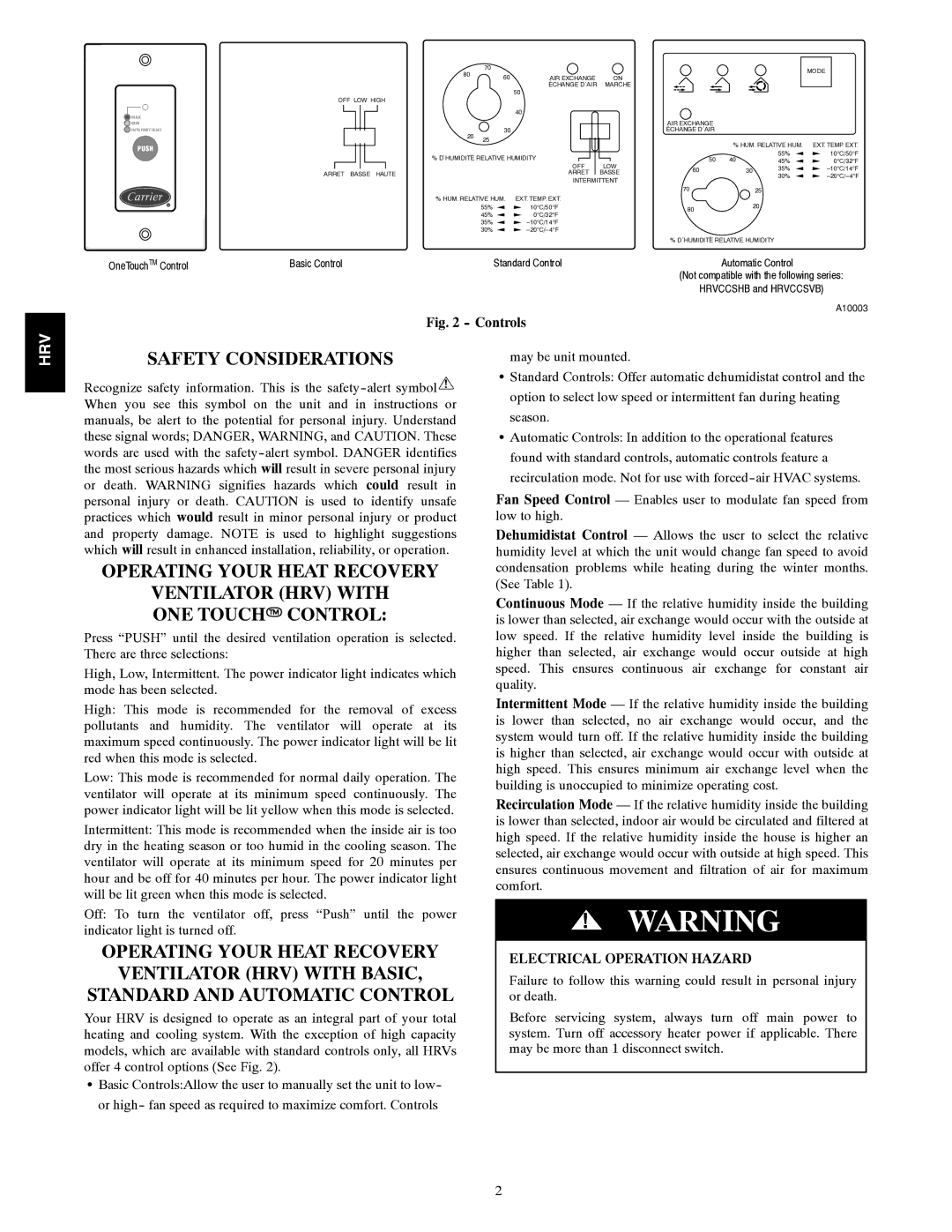 Carrier HRVCCSHB, HRVCCSVB owner manual Safety Considerations, Electrical Operation Hazard 