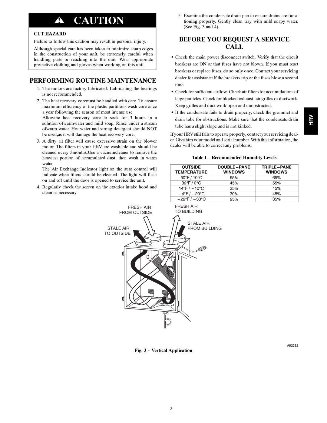 Carrier HRVCCSVB, HRVCCSHB owner manual Performing Routine Maintenance, Before YOU Request a Service Call, CUT Hazard 