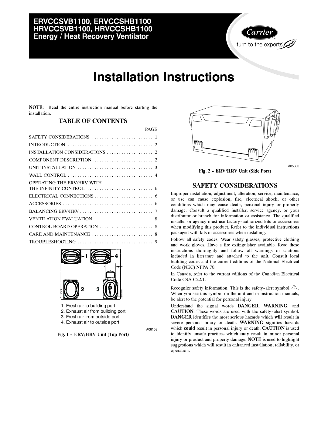 Carrier ERVCCSHB1100, HRVCCSVB1100, HRVCCSHB1100 installation instructions Table of Contents, Safety Considerations 