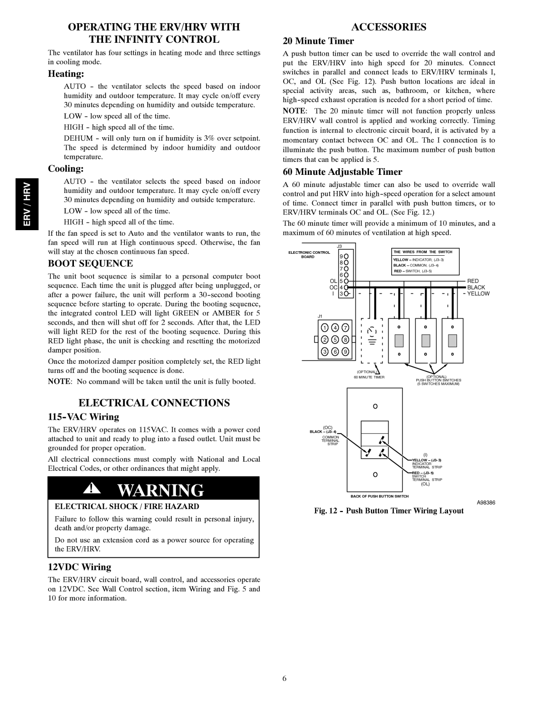 Carrier HRVCCSHB1100, HRVCCSVB1100 Operating the ERV/HRV with Infinity Control, Electrical Connections, Accessories 