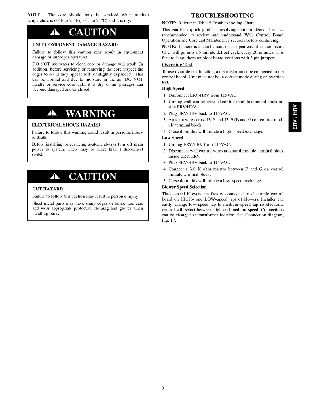 Carrier ERVCCSHB1100, HRVCCSVB1100, HRVCCSHB1100, ERVCCSVB1100 Troubleshooting, Electrical Shock Hazard, CUT Hazard 