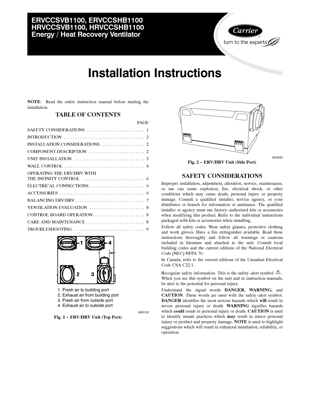 Carrier ERVCCSHB1100 installation instructions Table Of Contents, Safety Considerations, ERV/HRV Unit Top Port 