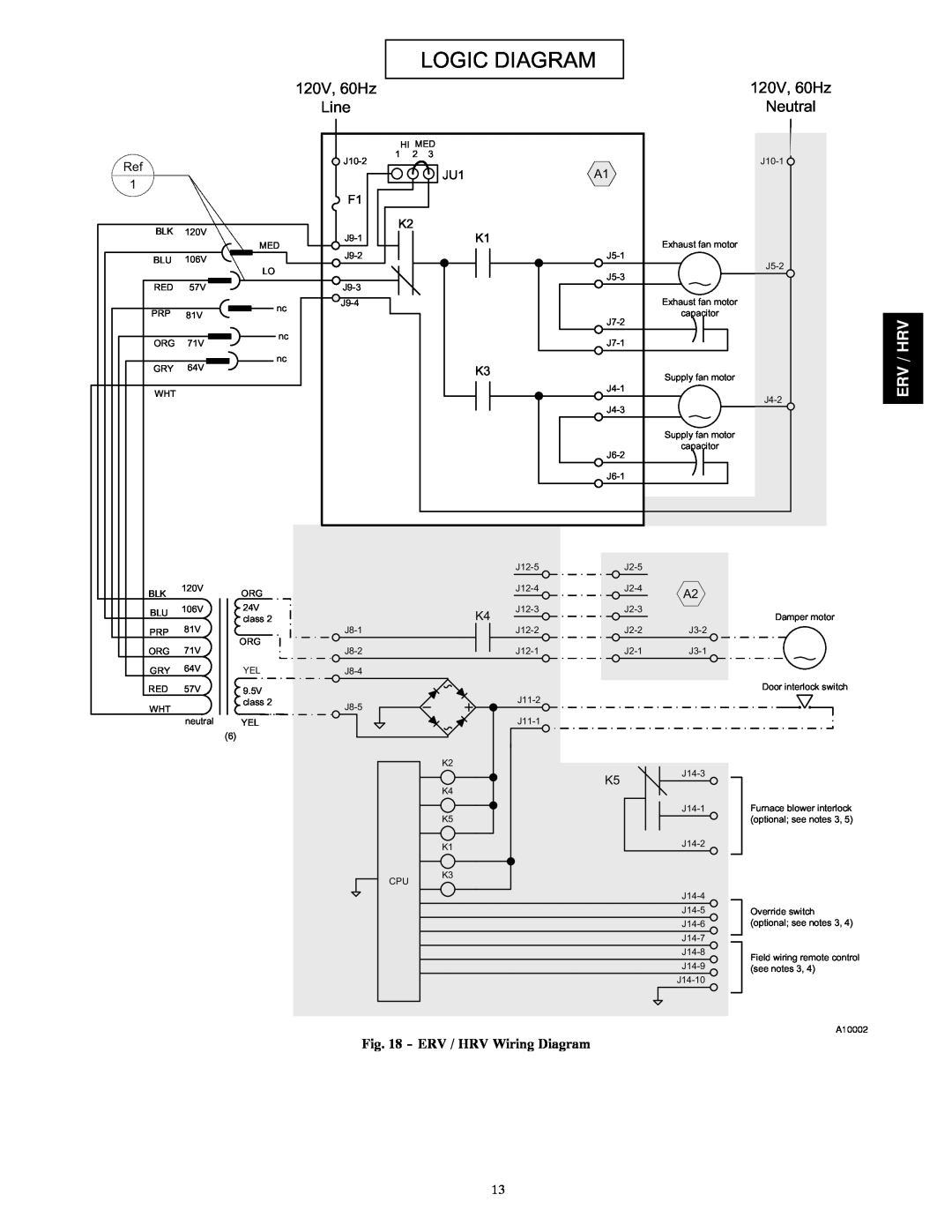 Carrier ERVCCSHB1100, HRVCCSVB1100 ERV / HRV Wiring Diagram, Logic Diagram, 120V, 60Hz, Line, Neutral, Erv / Hrv 
