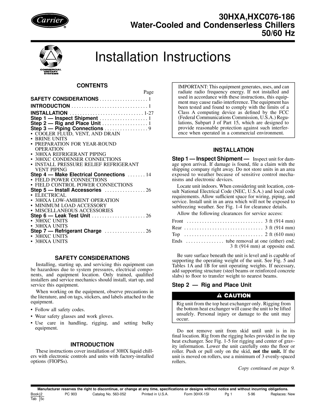 Carrier 30HXA, HXC076-186 installation instructions Installation Instructions 