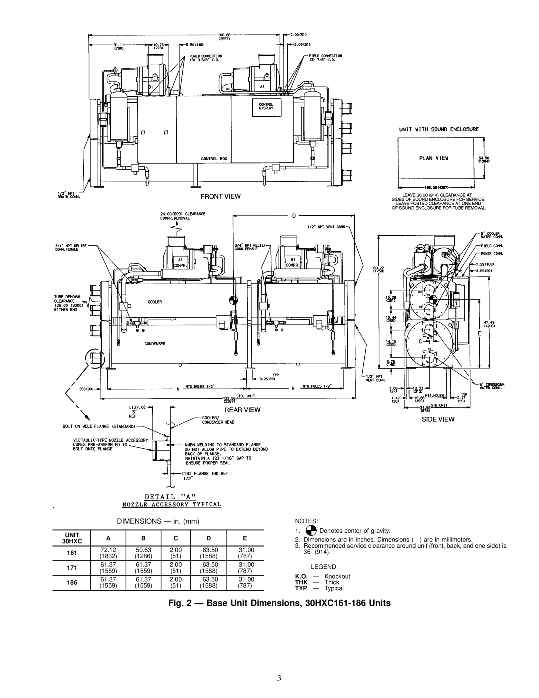 Carrier 30HXA, HXC076-186 installation instructions Base Unit Dimensions, 30HXC161-186 Units 