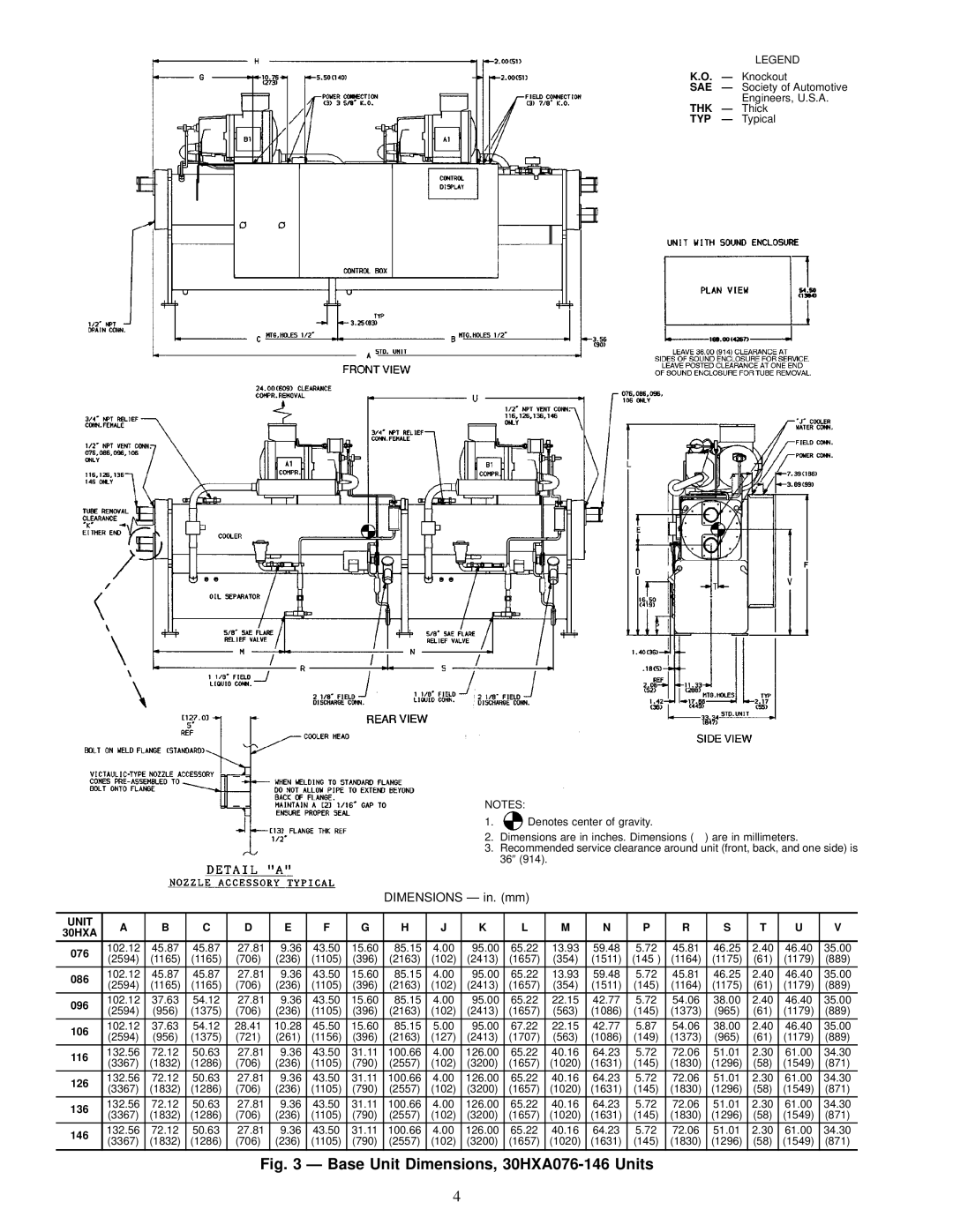 Carrier HXC076-186 installation instructions Base Unit Dimensions, 30HXA076-146 Units 