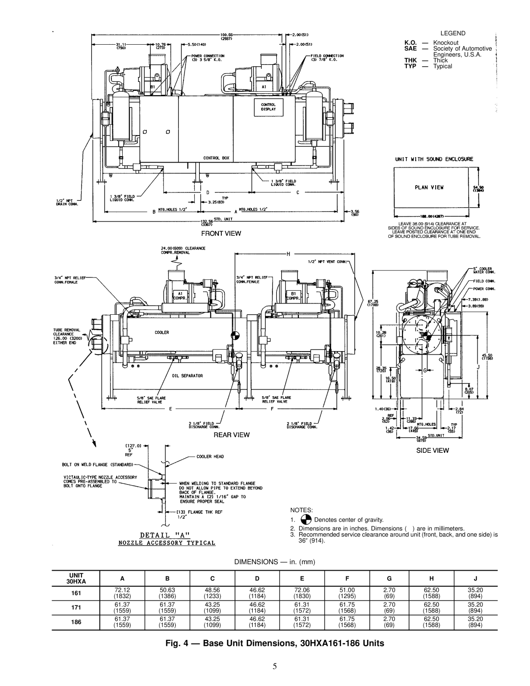 Carrier HXC076-186 installation instructions Base Unit Dimensions, 30HXA161-186 Units 