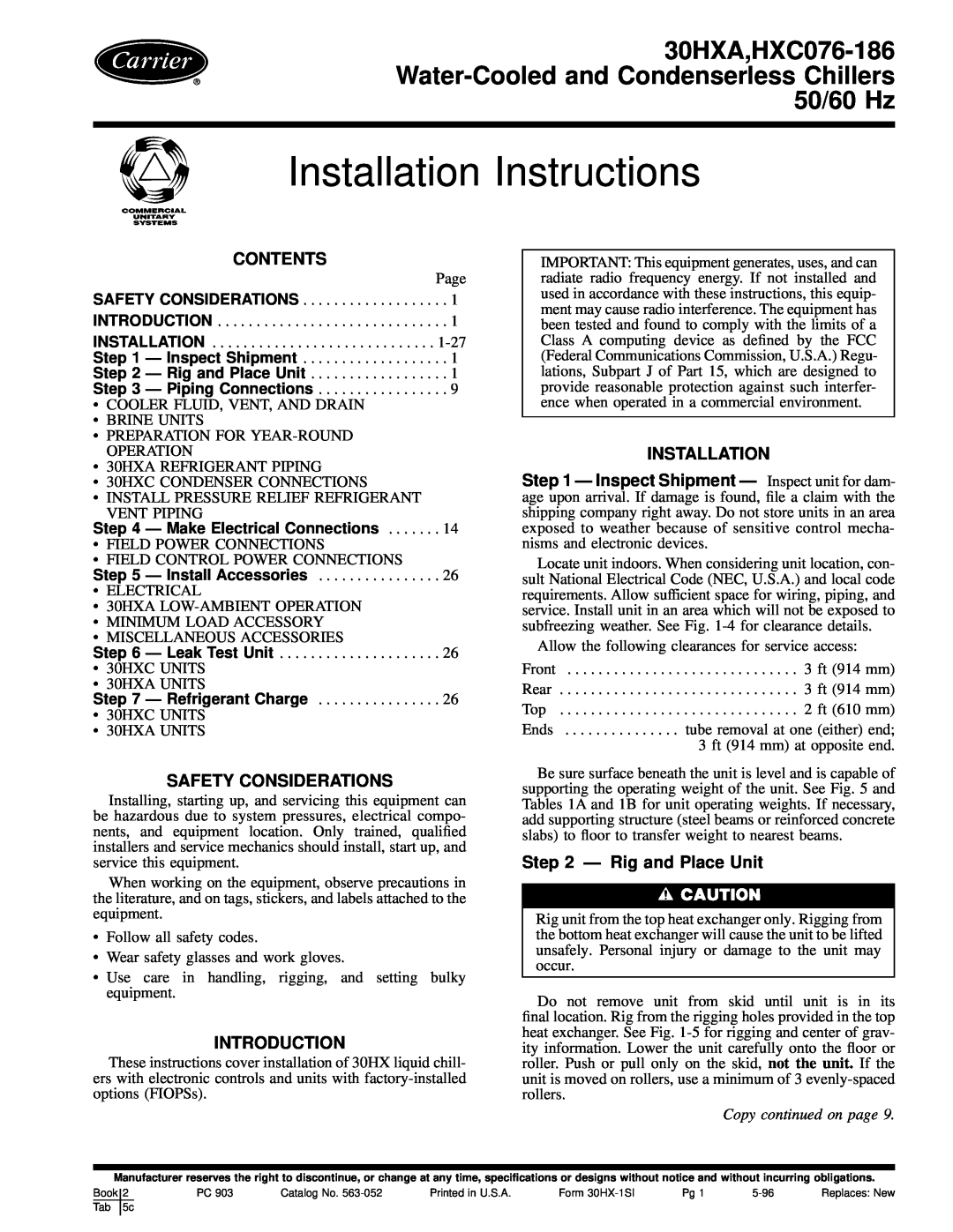 Carrier 30HXA installation instructions Contents, Safety Considerations, Introduction, Installation, Ð Rig and Place Unit 