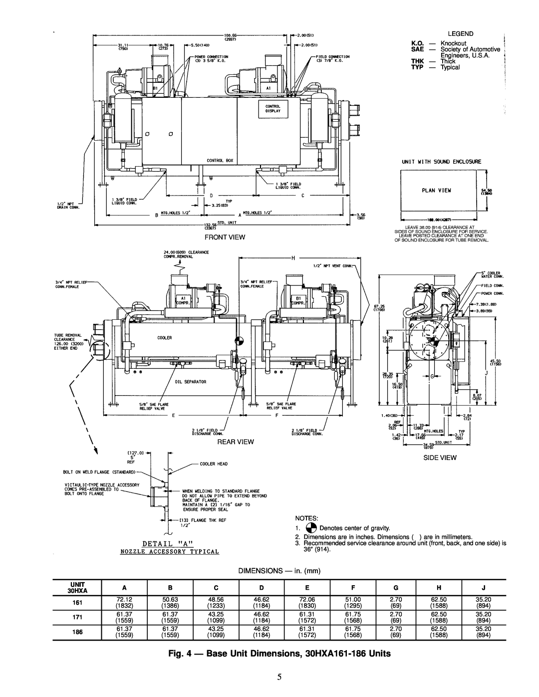 Carrier HXC076-186 Ð Base Unit Dimensions, 30HXA161-186 Units, K.O. Ð, Knockout, Engineers, U.S.A, Thick, Typical 