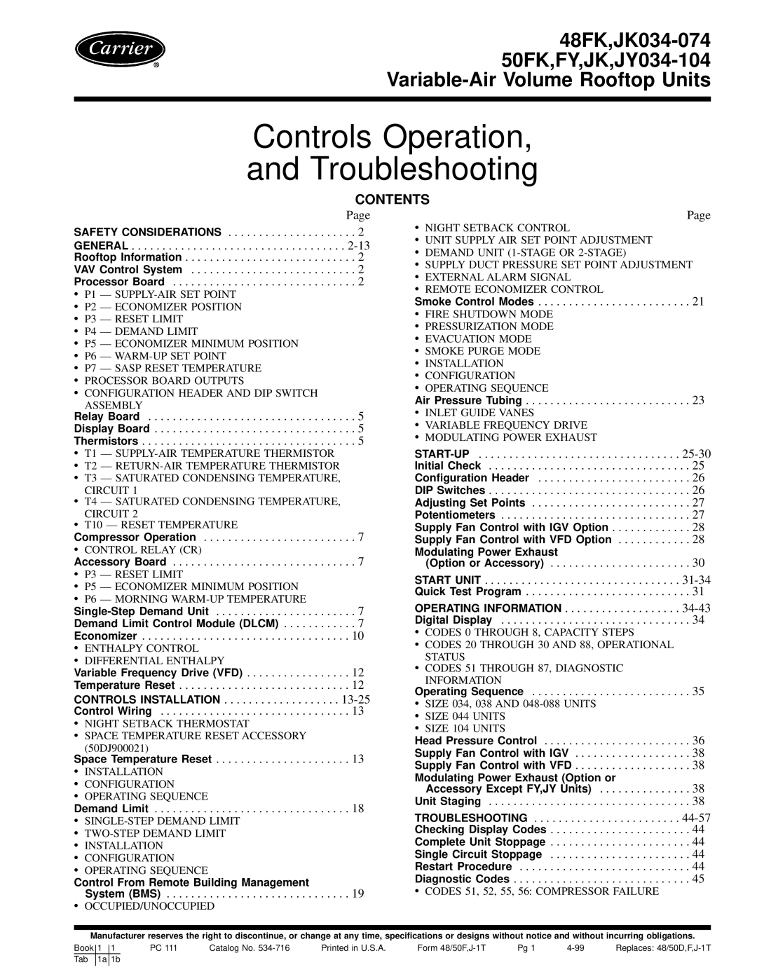 Carrier 50FK, JK034-074, 48FK specifications Controls Operation Troubleshooting, Contents 