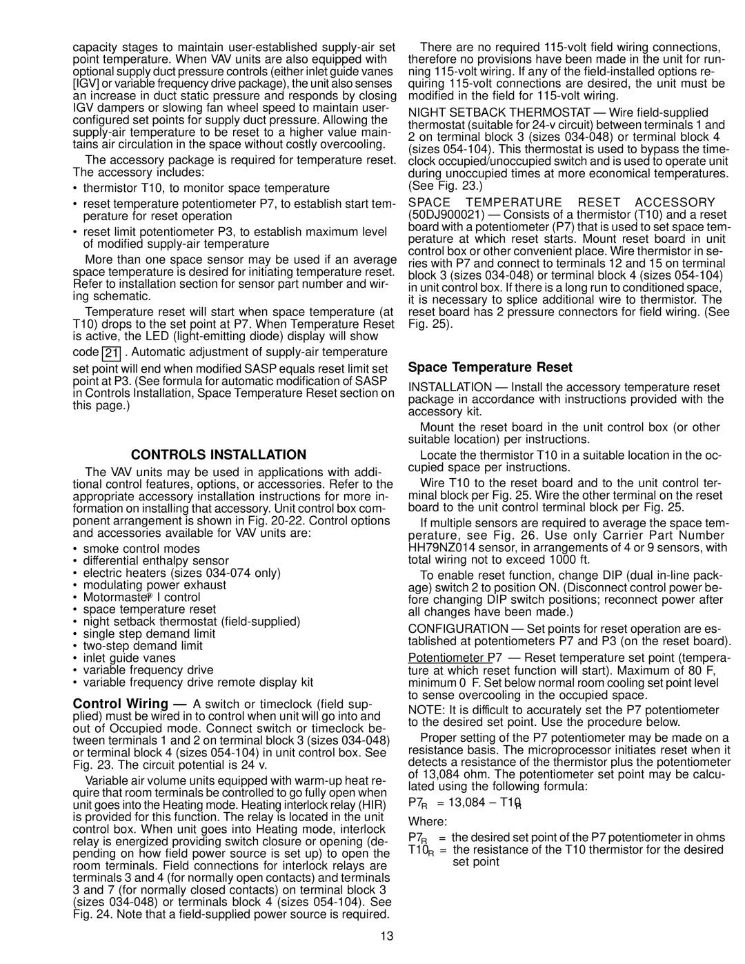 Carrier 50FK, JK034-074, 48FK specifications Controls Installation, Space Temperature Reset 