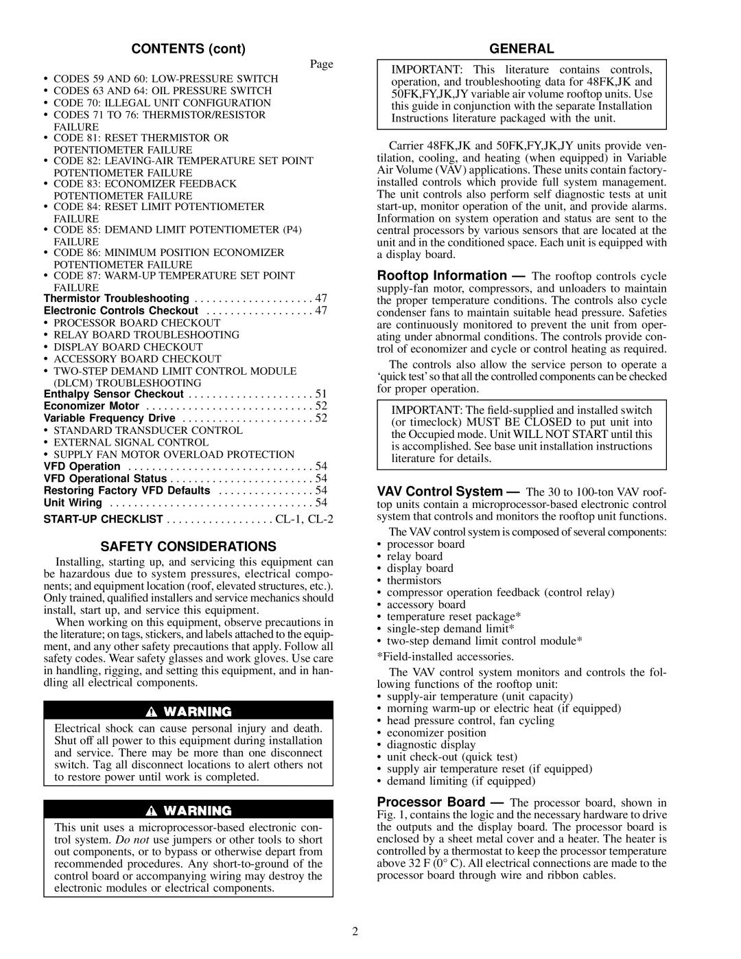 Carrier 48FK, JK034-074, 50FK specifications Safety Considerations, General 