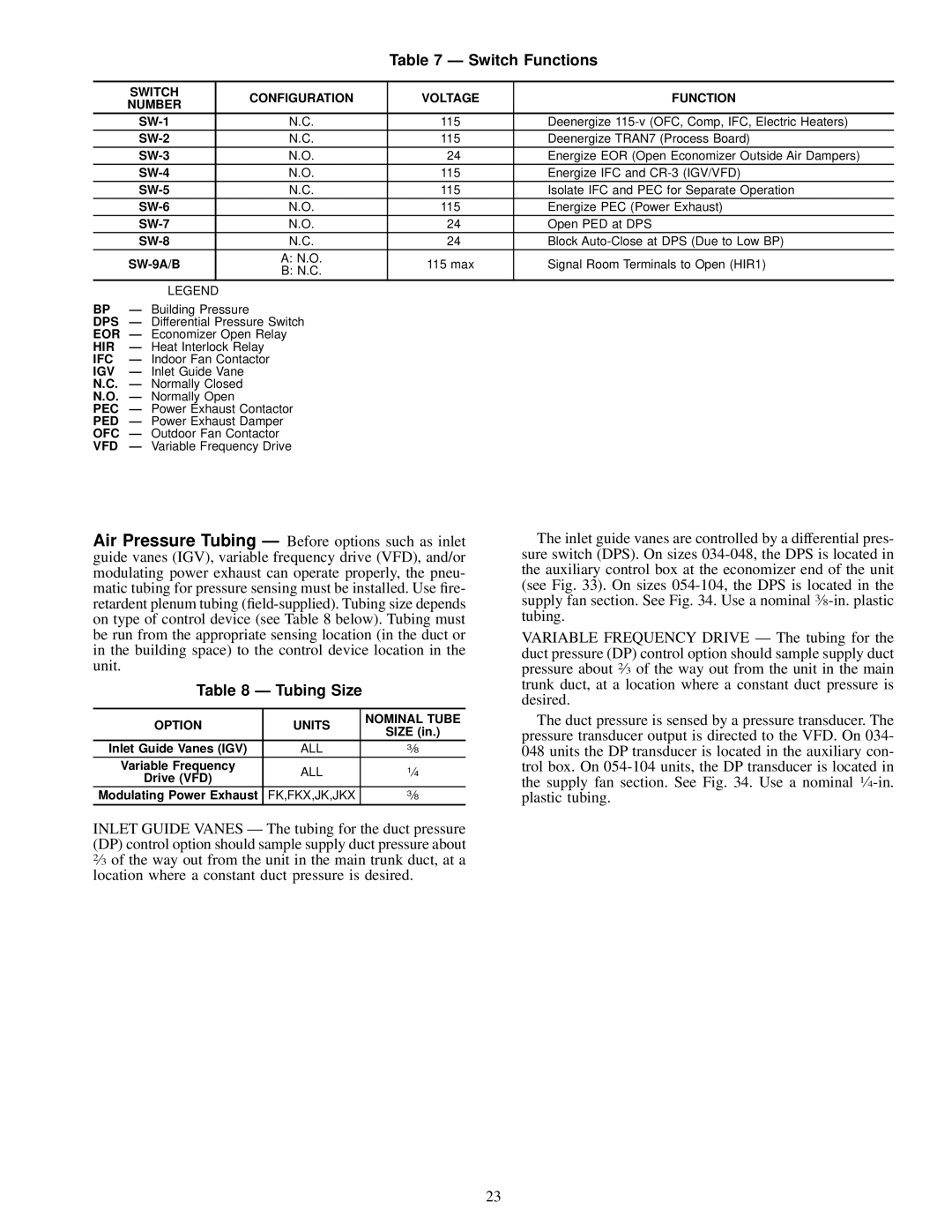 Carrier 48FK, JK034-074, 50FK specifications Switch Functions, Tubing Size 