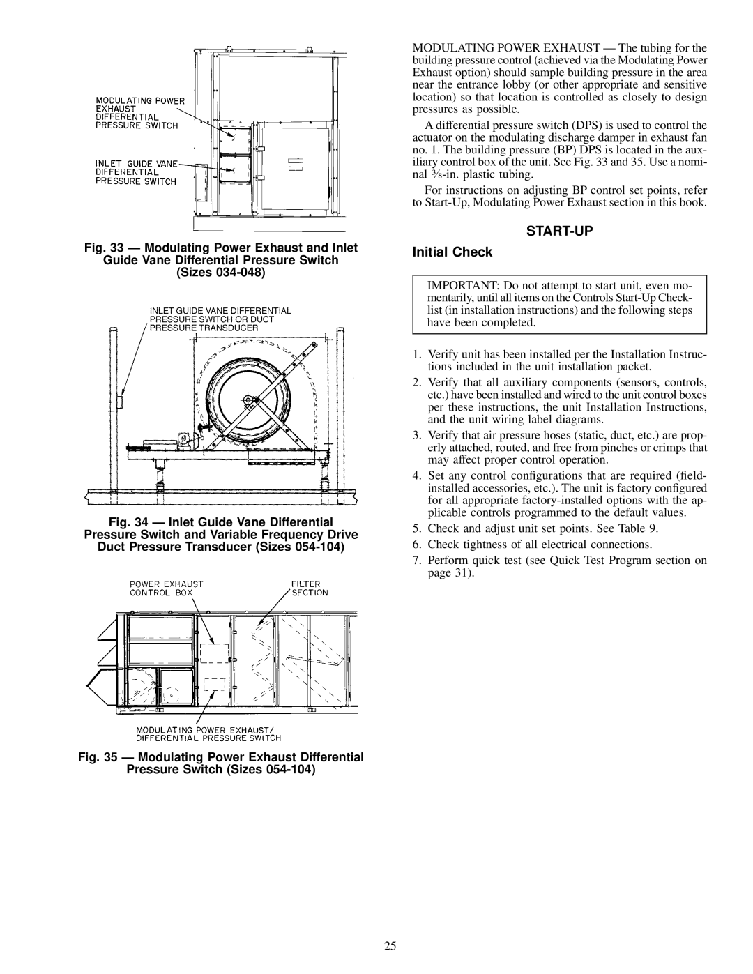 Carrier 50FK, JK034-074, 48FK specifications Start-Up, Modulating Power Exhaust Differential Pressure Switch Sizes 