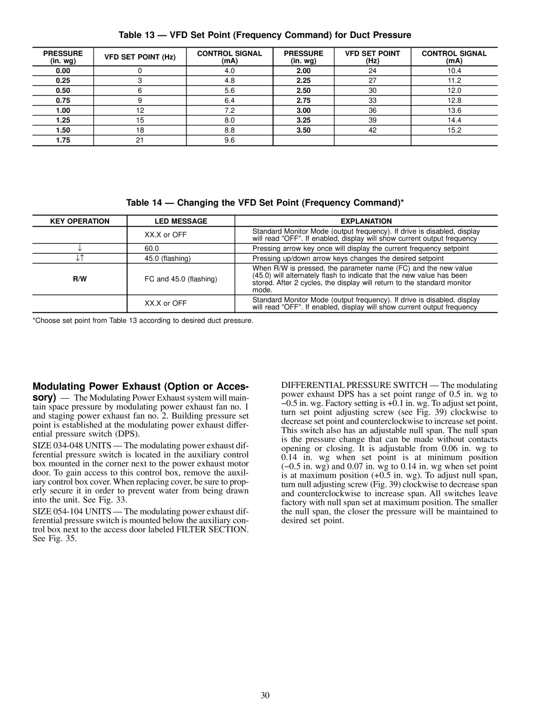 Carrier JK034-074, 50FK VFD Set Point Frequency Command for Duct Pressure, Changing the VFD Set Point Frequency Command 