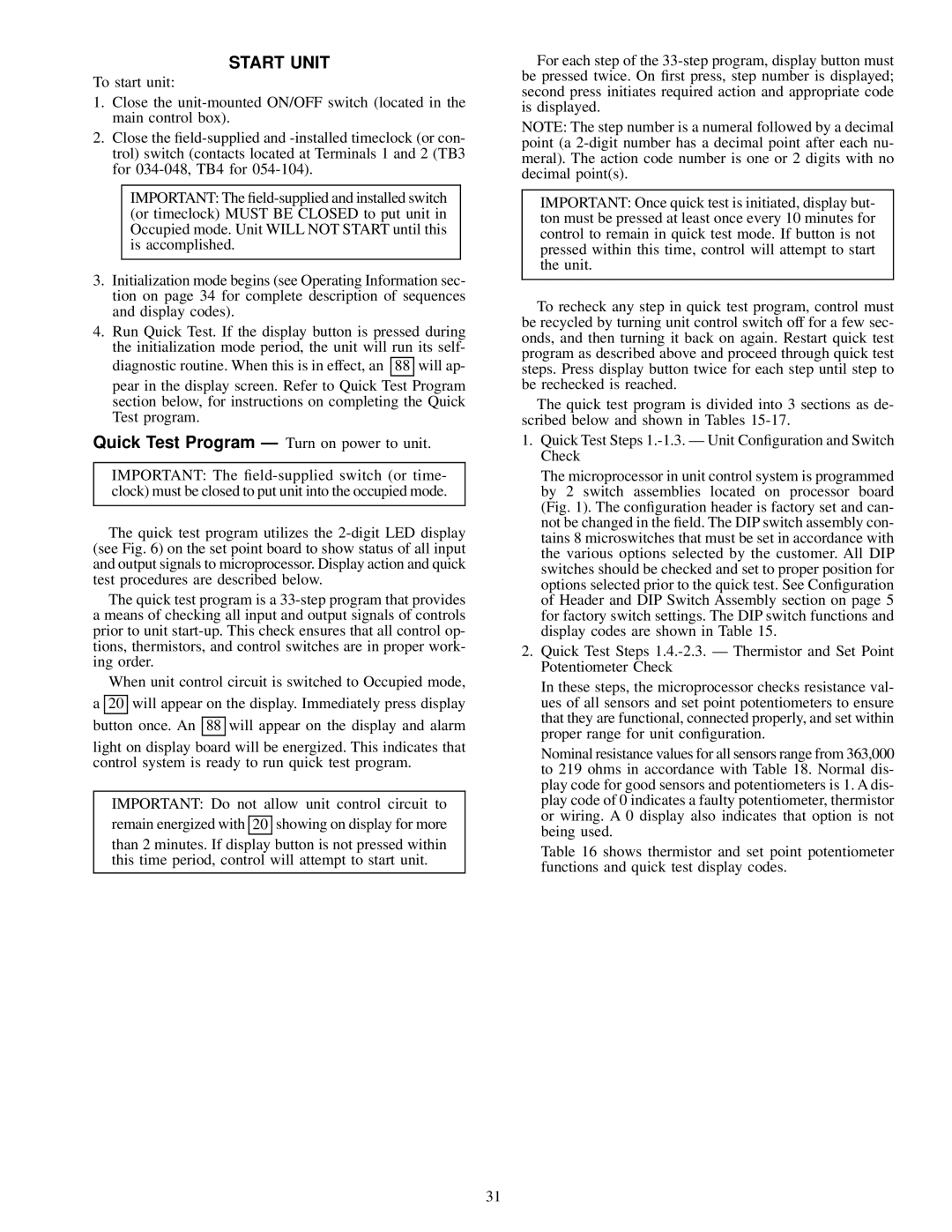 Carrier 50FK, JK034-074, 48FK specifications Start Unit 