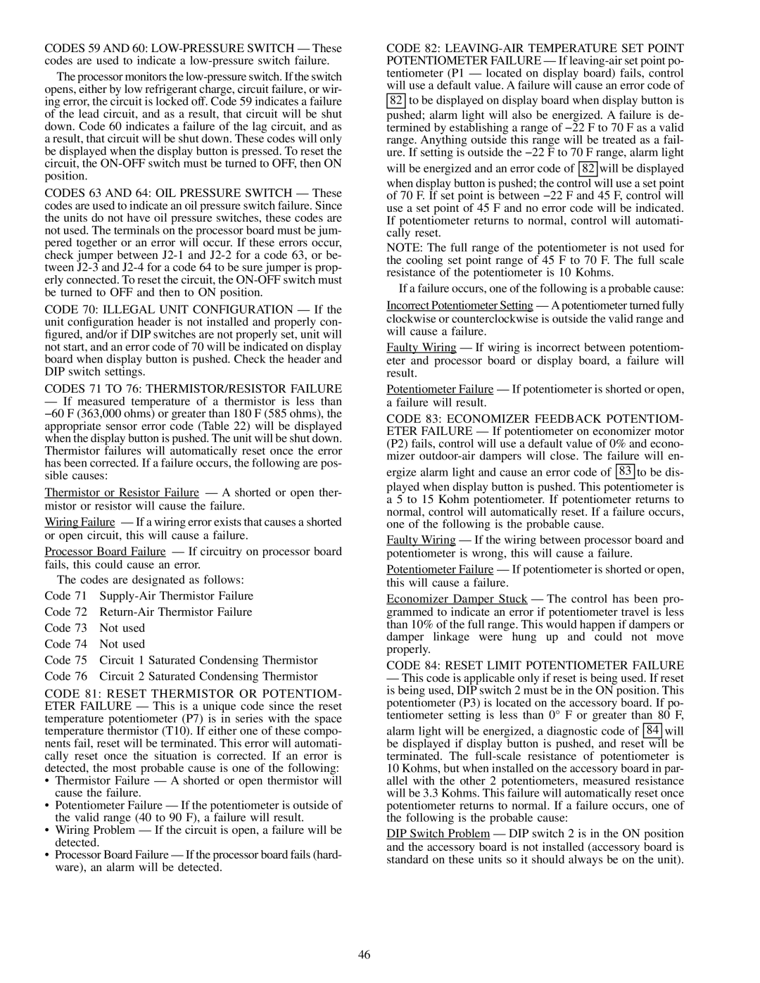 Carrier 50FK, JK034-074, 48FK specifications Codes 71 to 76 THERMISTOR/RESISTOR Failure 