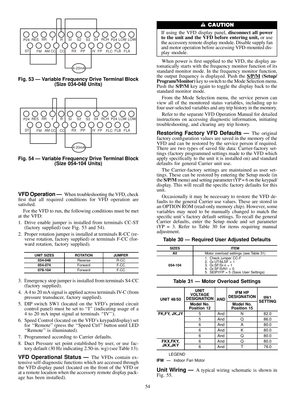 Carrier JK034-074, 50FK, 48FK specifications Required User Adjusted Defaults, Motor Overload Settings 