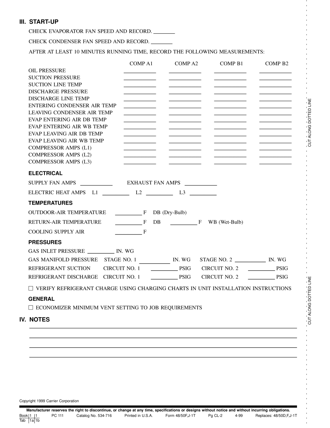 Carrier JK034-074, 50FK, 48FK specifications Iii. Start-Up, IV. Notes 