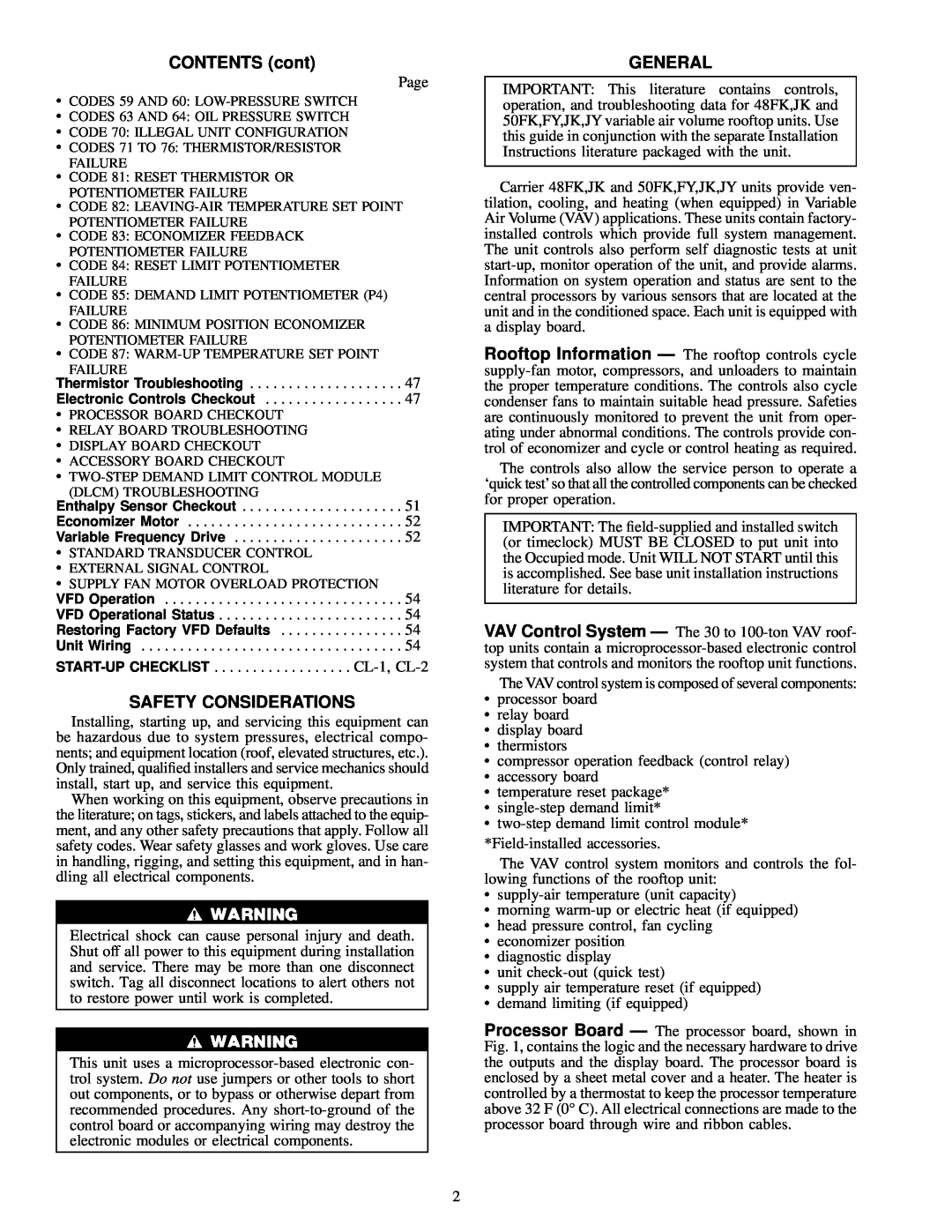 Carrier 48FK, JK034-074, 50FK specifications CONTENTS cont, Safety Considerations, General 
