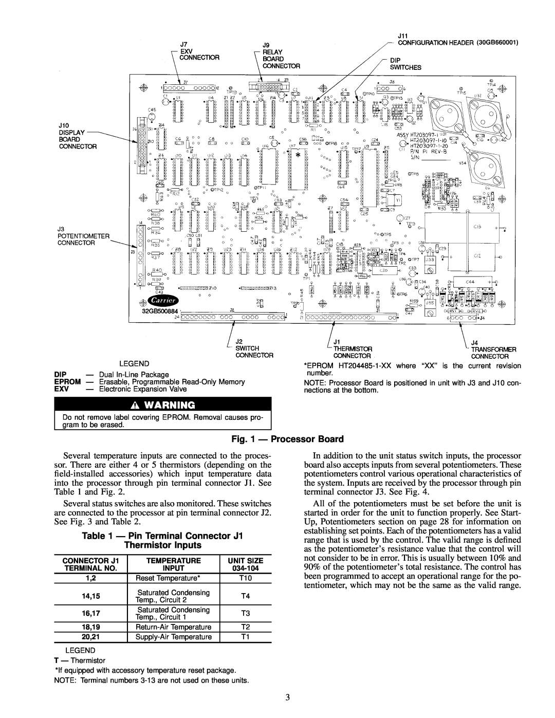 Carrier JK034-074, 50FK, 48FK Ð Processor Board, Ð Pin Terminal Connector J1 Thermistor Inputs, Return-Air Temperature 