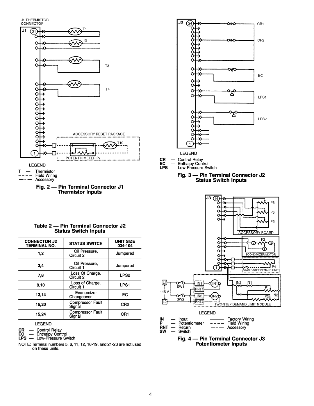 Carrier 50FK, JK034-074 Ð Pin Terminal Connector J2, Status Switch Inputs, Ð Pin Terminal Connector J1 Thermistor Inputs 