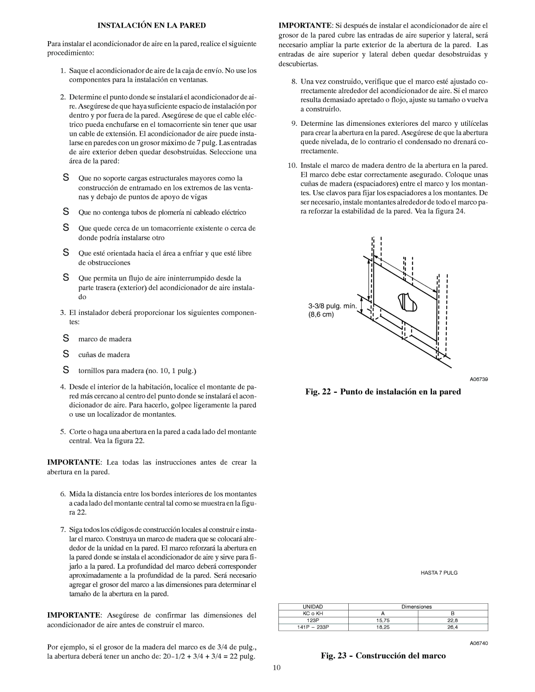 Carrier KC_233P, KH_123P, KC_183P, KC_223P, KC_141P, KH_233P manual Instalación EN LA Pared, pulg. mín 
