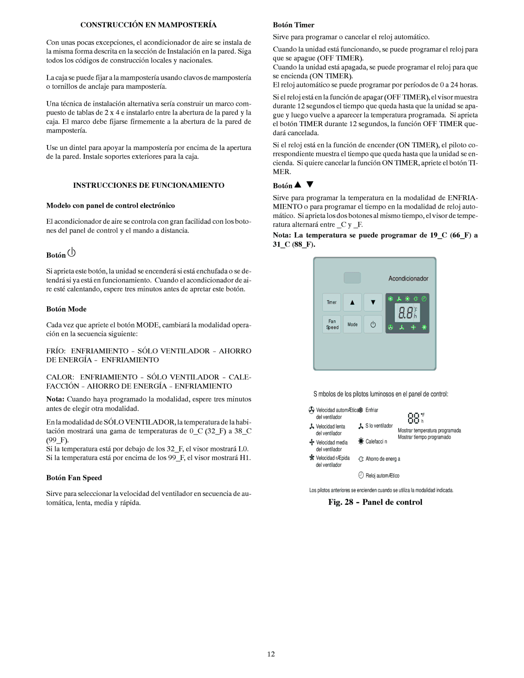 Carrier KC_141P, KH_123P, KC_183P, KC_233P, KC_223P, KH_233P manual Construcción EN Mampostería, Instrucciones DE Funcionamiento 