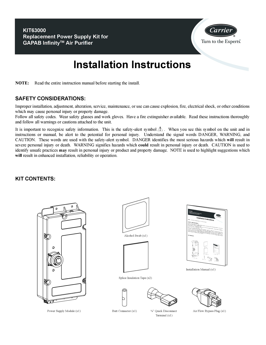 Carrier KIT63000 installation instructions Safety Considerations, KIT Contents 