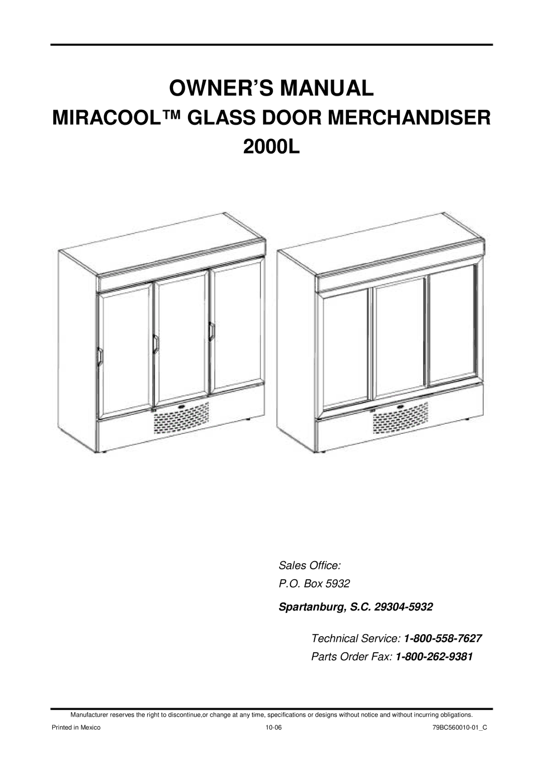 Carrier owner manual Miracool Glass Door Merchandiser 2000L 