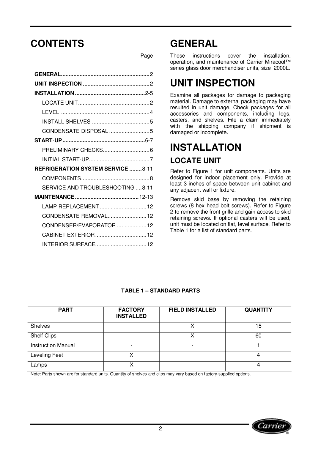 Carrier Miracool owner manual Contents, General, Unit Inspection, Installation 